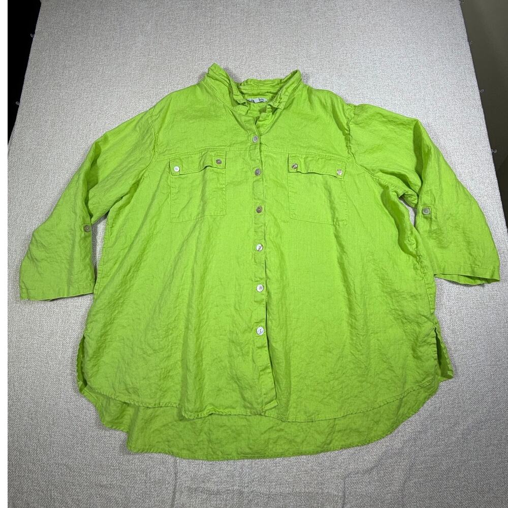 John Mark Womens 3X Green 100% Linen Button Front 3/4 Sleeve Shirt Plus Size